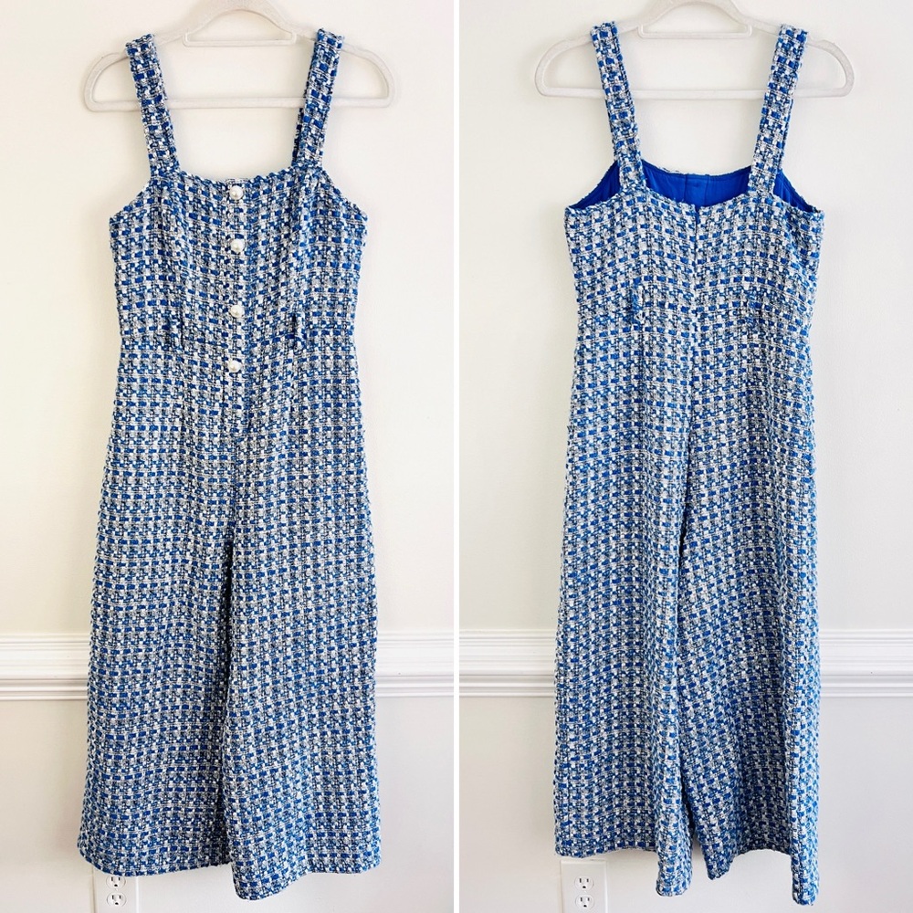Jealous Tomato Blue & White Tweed Cropped Wide Leg Jumpsuit Sleeveless EUC Sz SM - Picture 2 of 16